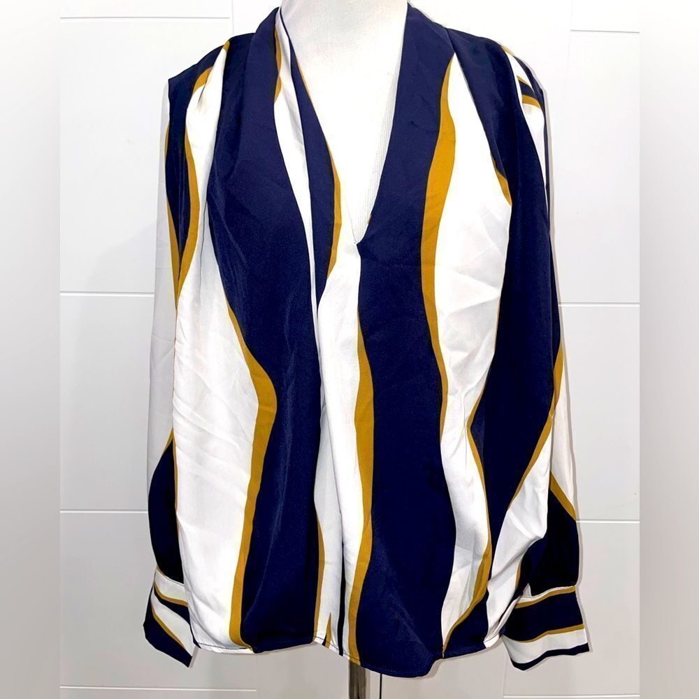 Long sleeve, Neck, blouse. Blue, cream and Gold.